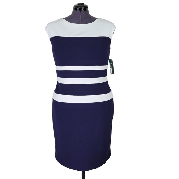Lauren Ralph Lauren Dress Size 16 Navy Blue White Striped Sleeveless Lined New - Picture 1 of 11